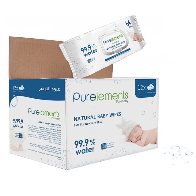 Purelements Natural 99.9% Water Wipes Pack of 12 768pcs Purelements Yallatoys