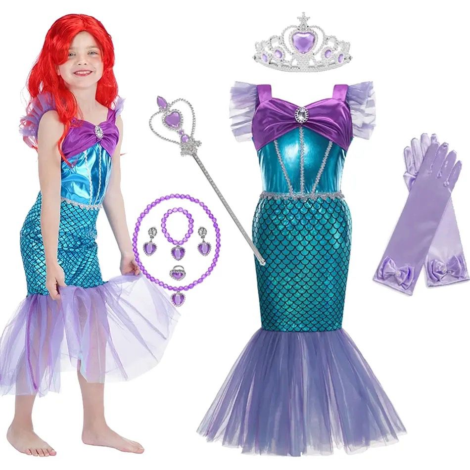 Purple Mermaid Costume for Girls Little Princess Dress Up Full Set Kids Costumes Yallatoys