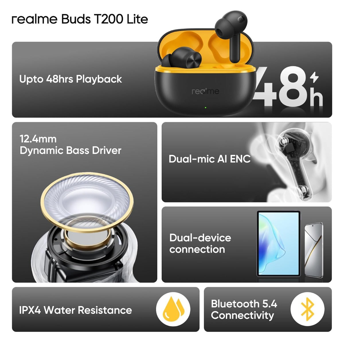 Buy Realme Buds T200 Lite Volt Black | Yallatoys.com