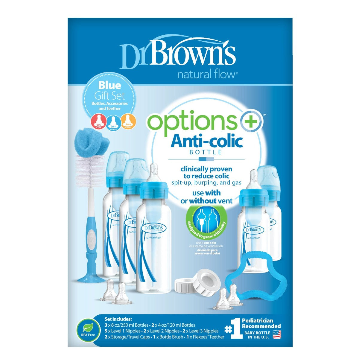 Buy Dr.Browns Blue Bottle Gift Set Options+ 2X120 Ml & 3X250 Ml Bottles  2Xl2 & 2Xl3 Nipples  1 Flexees Teether  700 Brush  2 Storage Caps & 3 Cleaning Brushes | Yallatoys.com