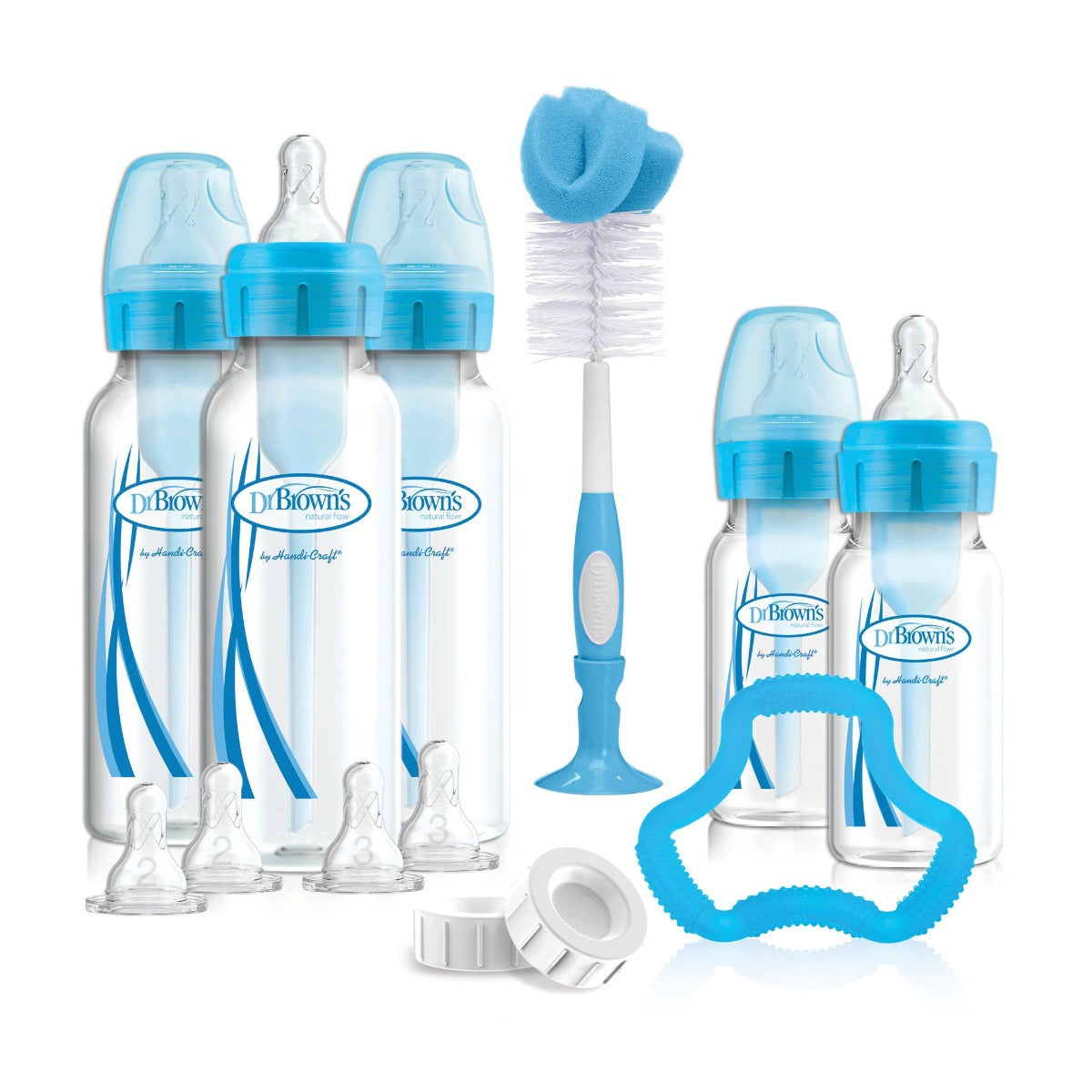 Buy Dr.Browns Blue Bottle Gift Set Options+ 2X120 Ml & 3X250 Ml Bottles  2Xl2 & 2Xl3 Nipples  1 Flexees Teether  700 Brush  2 Storage Caps & 3 Cleaning Brushes | Yallatoys.com