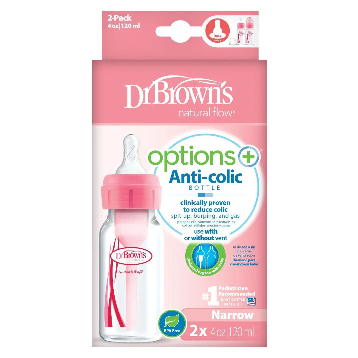 Dr.Browns 4 Oz/120 Ml Pp Narrow Options+ Bottle Pink  2 Pack Dr Browns Yallatoys