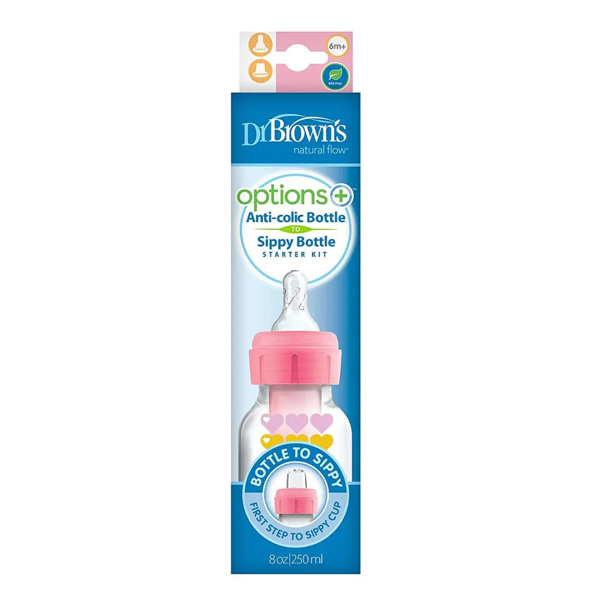 Dr.Browns 8 Oz/250 Ml Pp Narrow Options+ Bottle To Sippy Starter Kit  Pink Hearts +L3 Nipple Dr Browns Yallatoys