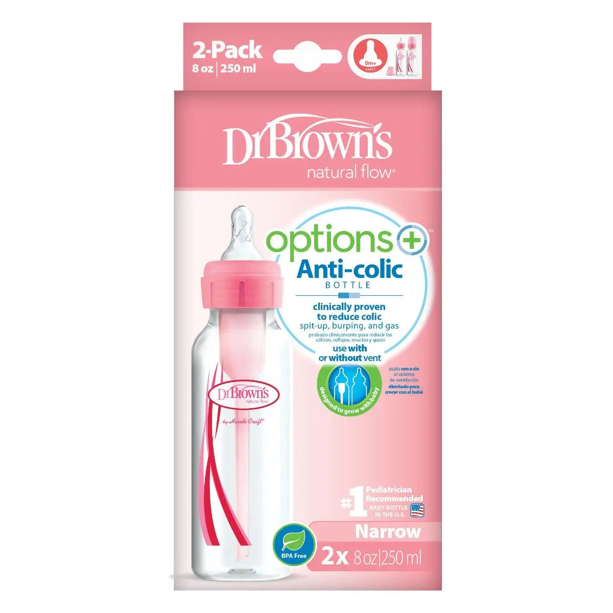 Dr Browns 250ml Narrow-Neck Baby Bottle-Pink 2 pieces Dr Browns