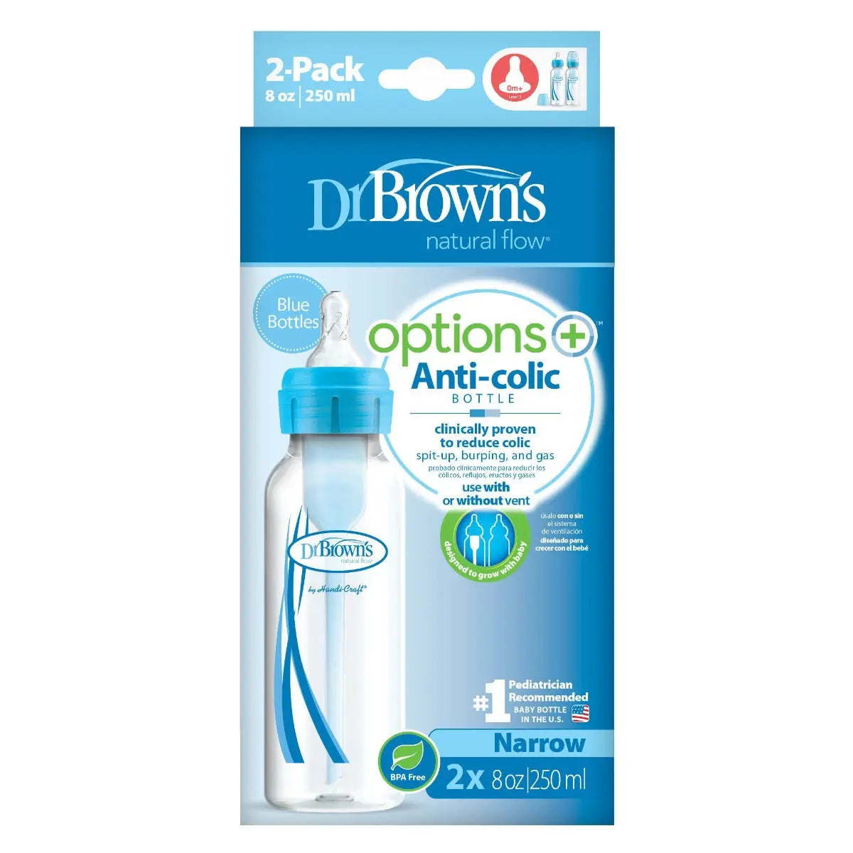 Dr.Browns 8 Oz/250 Ml Pp Narrow Options+ Bottle Blue  2 Pack Dr Browns