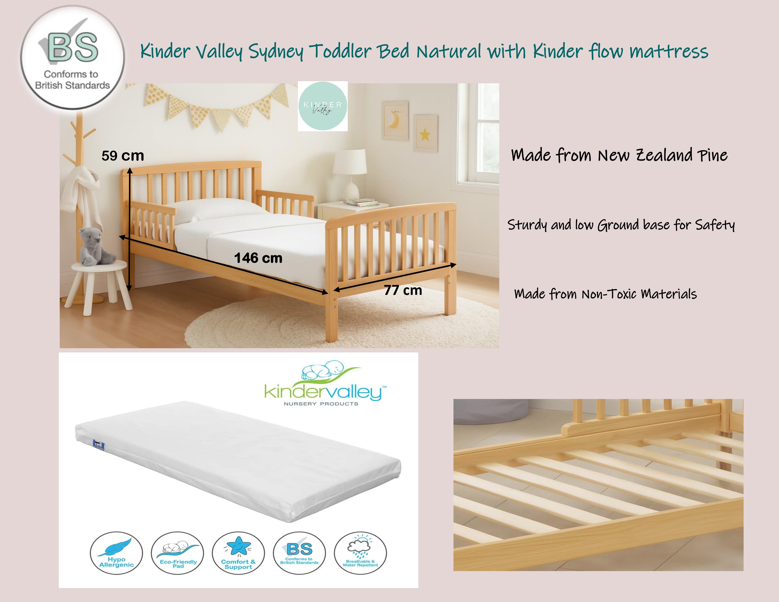 Kinder Valley Natural Sydney toddler bed with Kinder flow 140 x 70 mattress Kinder Valley Yallatoys