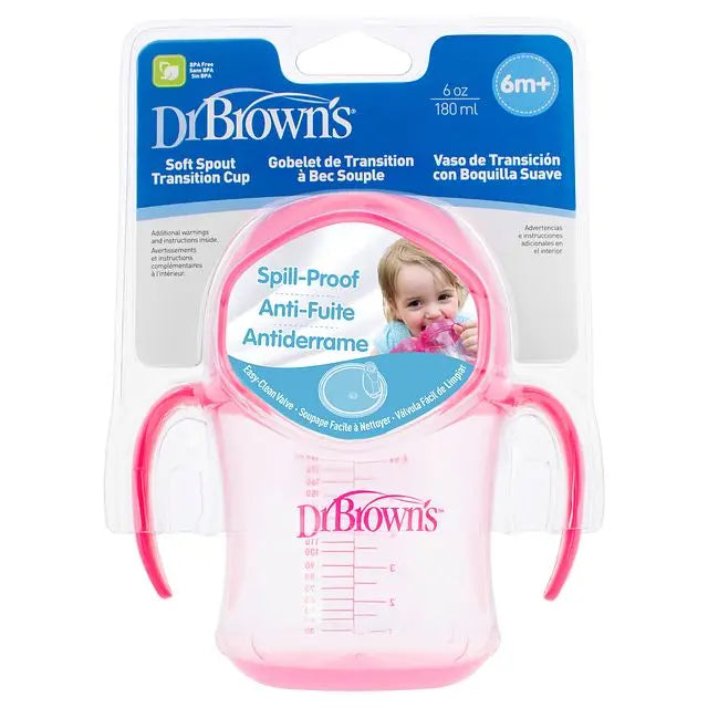 Dr.Browns 6 Oz/180 Ml Soft Spout Transition Cup W/ Handles Pink Deco 6M+ 1 Pack Dr Browns Yallatoys