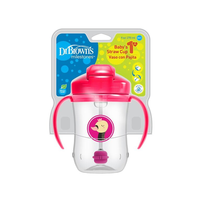 Buy Dr.Browns 9 Oz/270 Ml Baby'S First Straw Cup W/ Handles Pink Deco 6M+ 1 Pack | Yallatoys.com