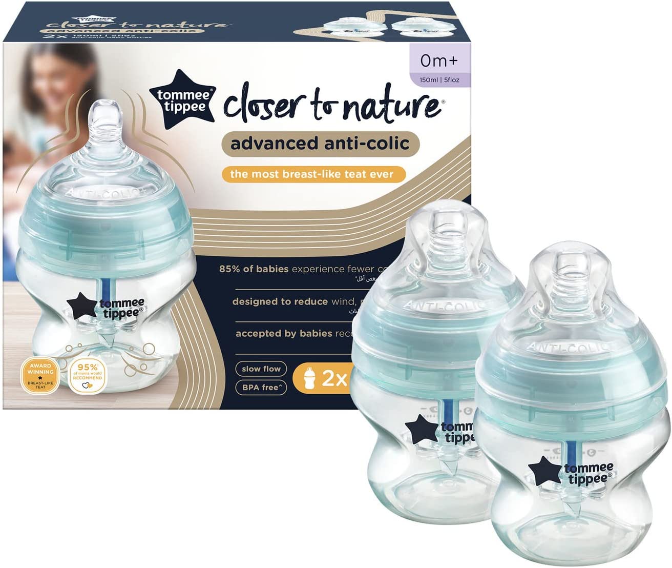 Tommee Tippee Advanced Anti Colic Feeding Bottle  Slow Flow  150Ml X2 Blue Tommee Tippee Yallatoys