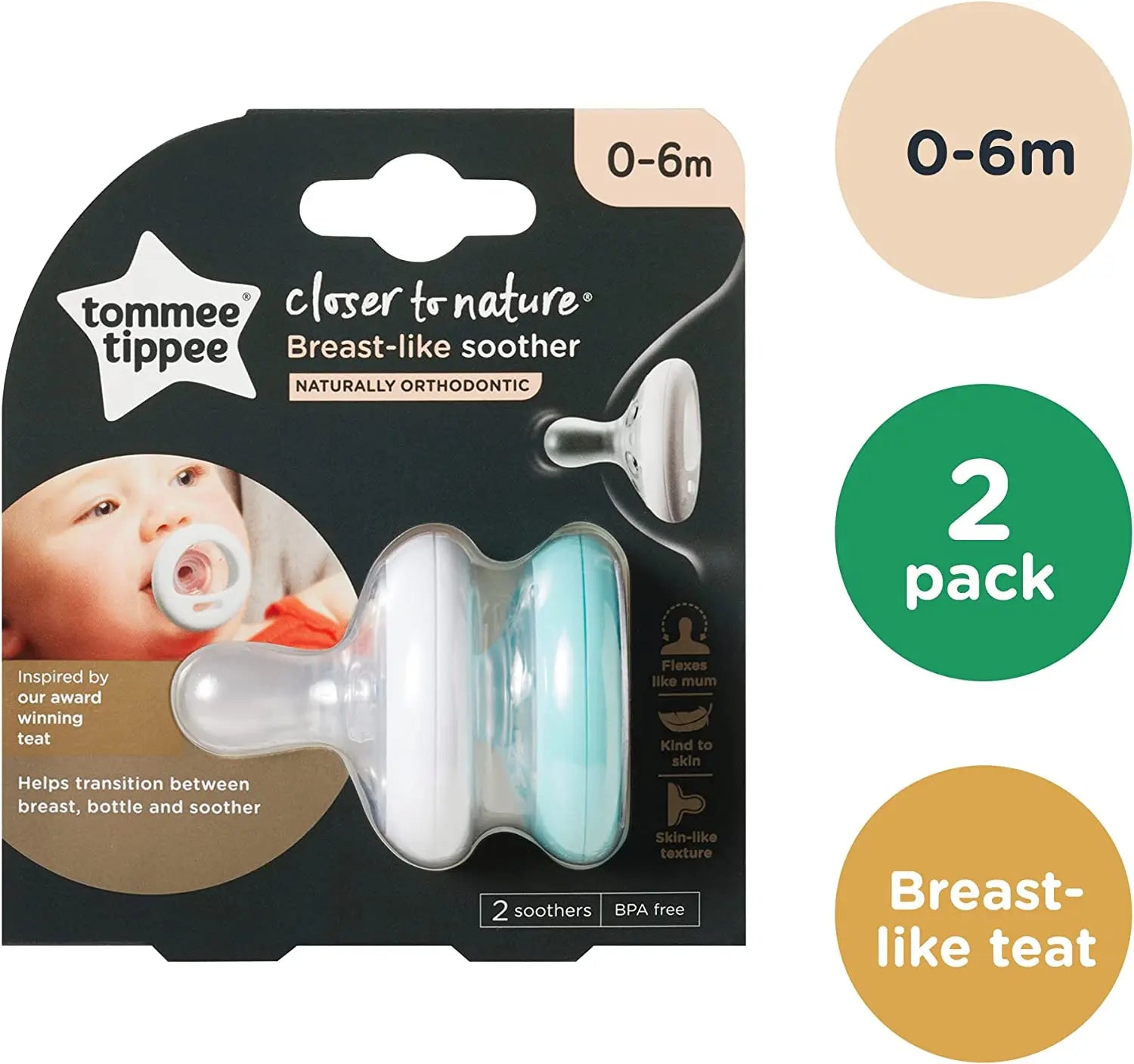 Tommee Tippee  Closer To Nature Breast Like Soother Pack Of 2 0 6 Months Tommee Tippee Yallatoys