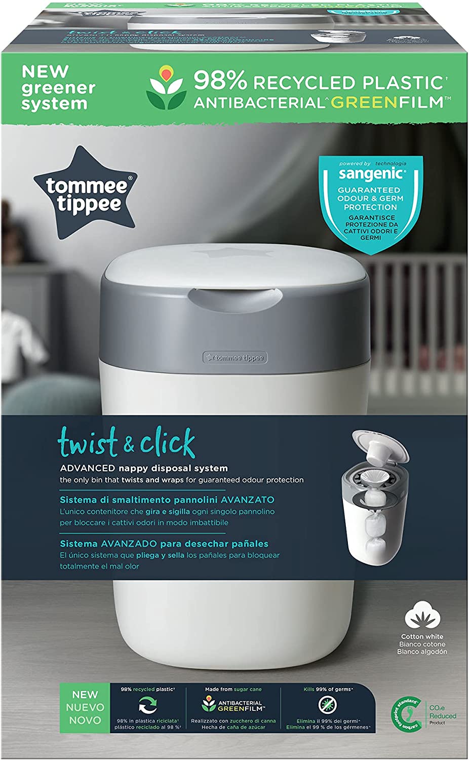 Tommee Tippee Twist And Click Advanced Nappy Bin  Eco Friendlier System  Includes 1X Refill Cassette With Sustainably Sourced Antibacterial Greenfilm  White Tommee Tippee Yallatoys