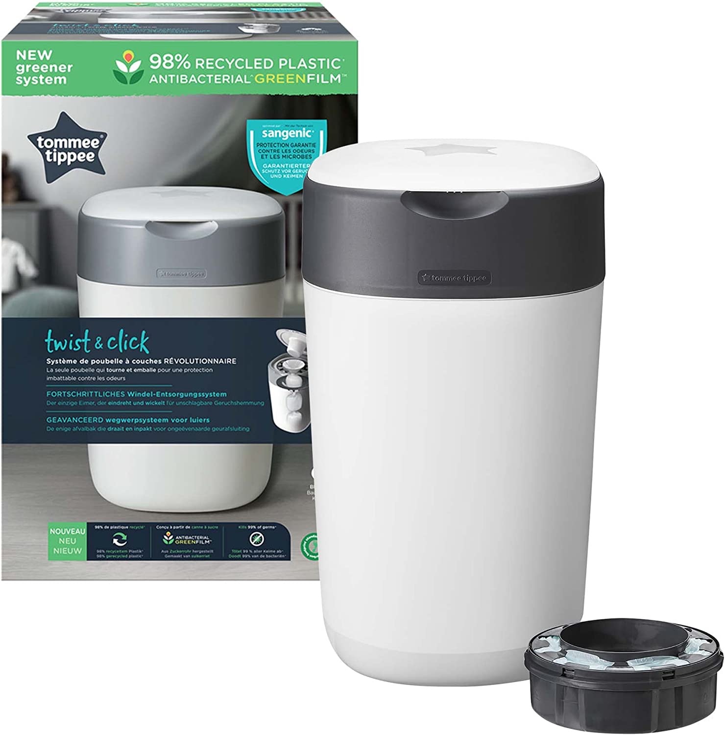 Tommee Tippee Twist And Click Advanced Nappy Bin  Eco Friendlier System  Includes 1X Refill Cassette With Sustainably Sourced Antibacterial Greenfilm  White Tommee Tippee Yallatoys