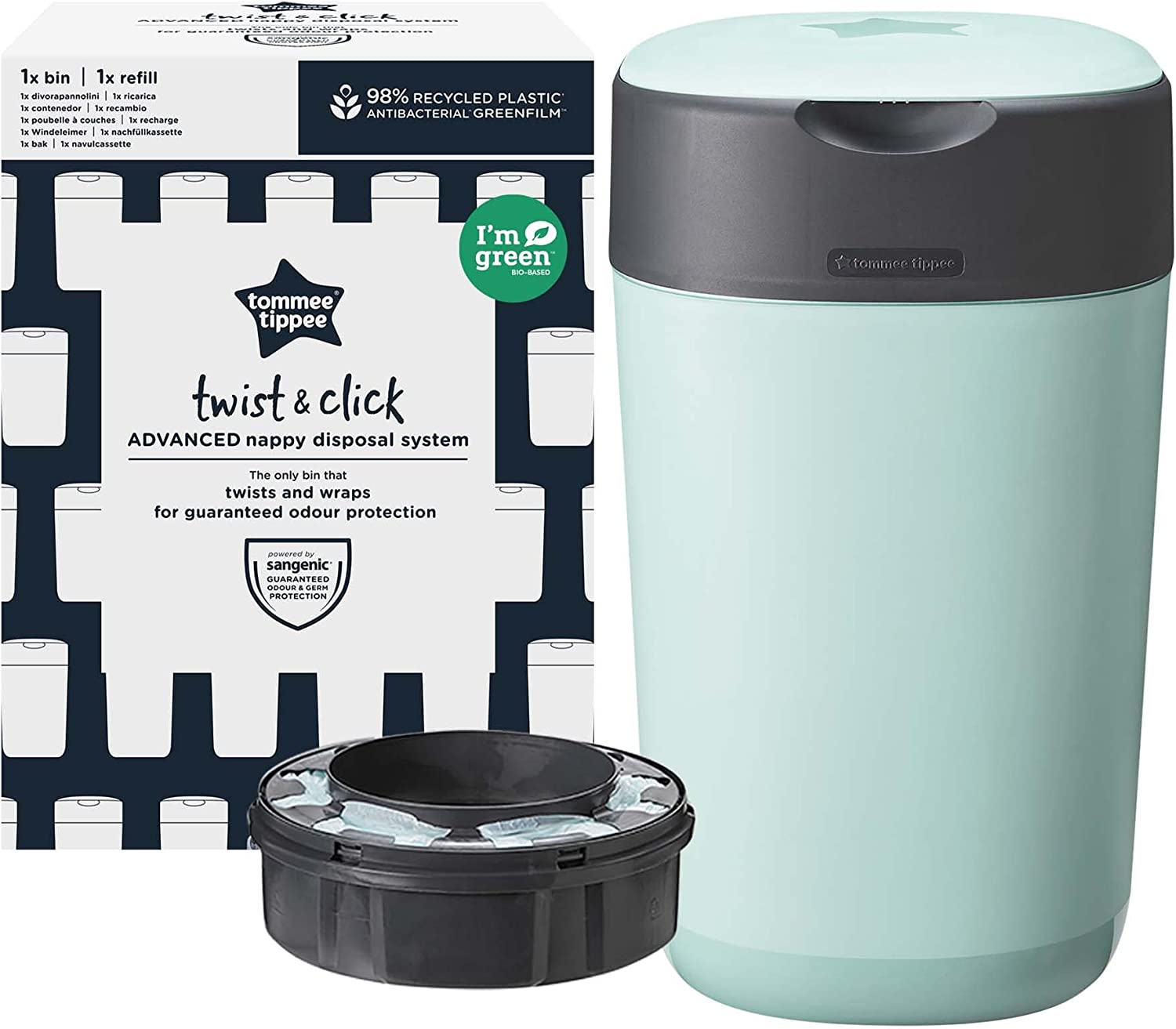 Tommee Tippee Twist And Click Advanced Nappy Bin  Eco Friendlier System  Includes 1X Refill Cassette With Sustainably Sourced Antibacterial Greenfilm  Green Tommee Tippee Yallatoys