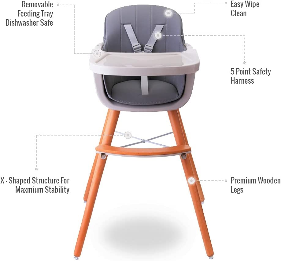 Teknum  Premium Dual Height Wooden High Chair Grey Teknum Yallatoys