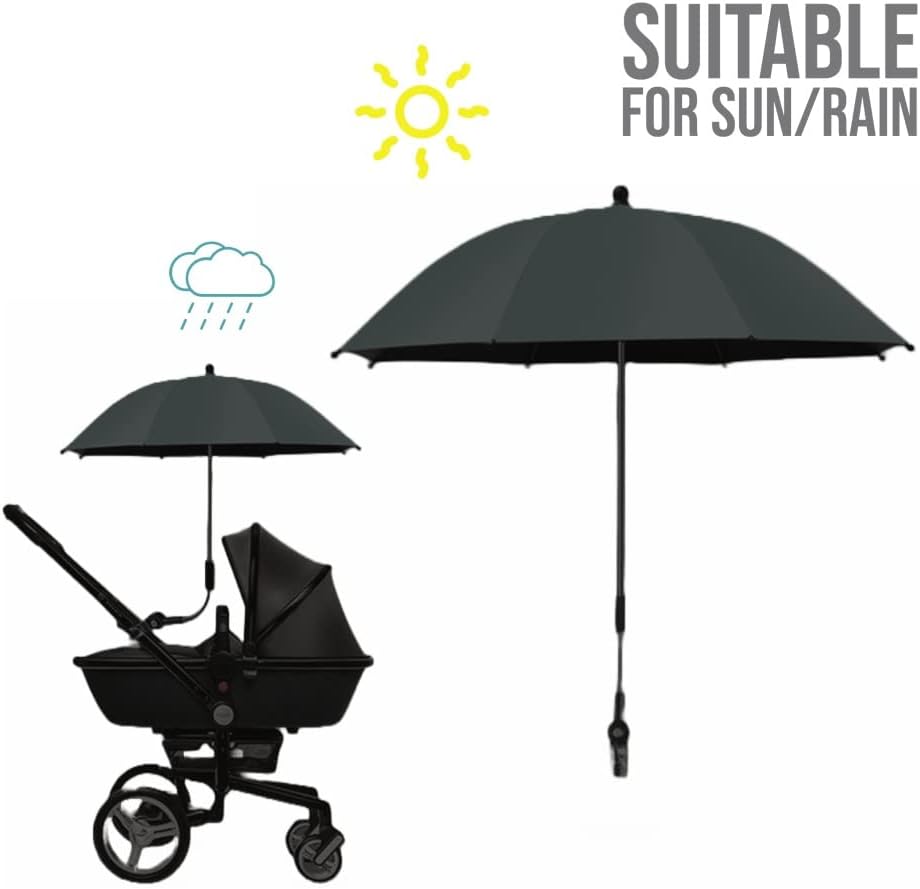 Teknum Universal Stroller Umbrella with Holder Clip Clamp, 360 Degree Rotatable - Black Teknum Yallatoys
