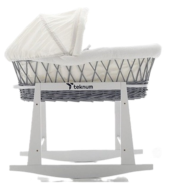 Teknum Infant Wicker Moses Basket with White Waffle Beddings & White Rocker Stand  - Wooden Grey Teknum Yallatoys