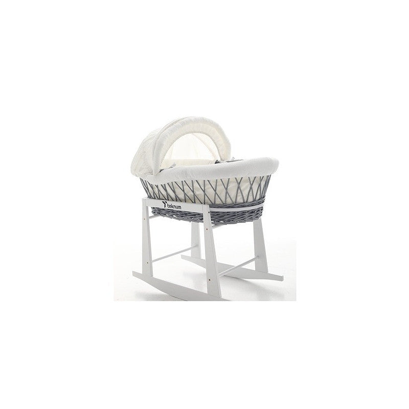 Teknum Infant Wicker Moses Basket with White Waffle Beddings & White Rocker Stand  - Wooden Grey Teknum Yallatoys