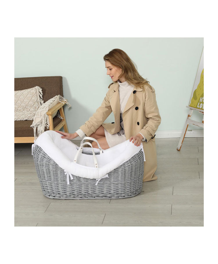 Teknum Infant Wicker Moses Basket with White Waffle Beddings & White Rocker Stand  - Wooden Grey Teknum Yallatoys