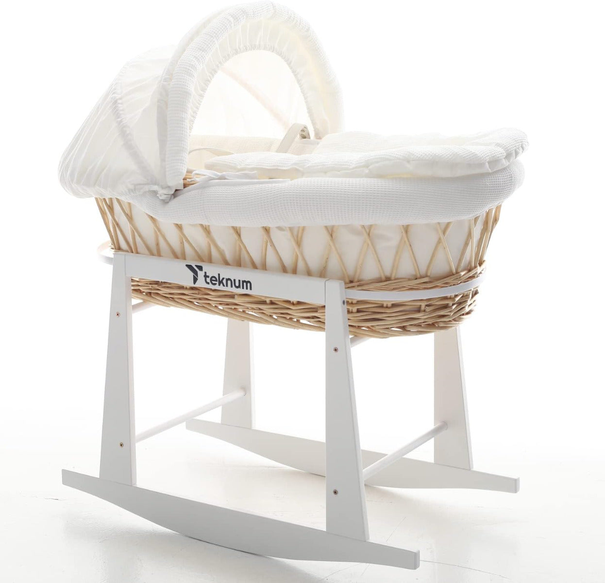 Teknum Infant Wicker Moses Basket with White Waffle Beddings & White Rocker Stand - Wooden Brown Teknum Yallatoys