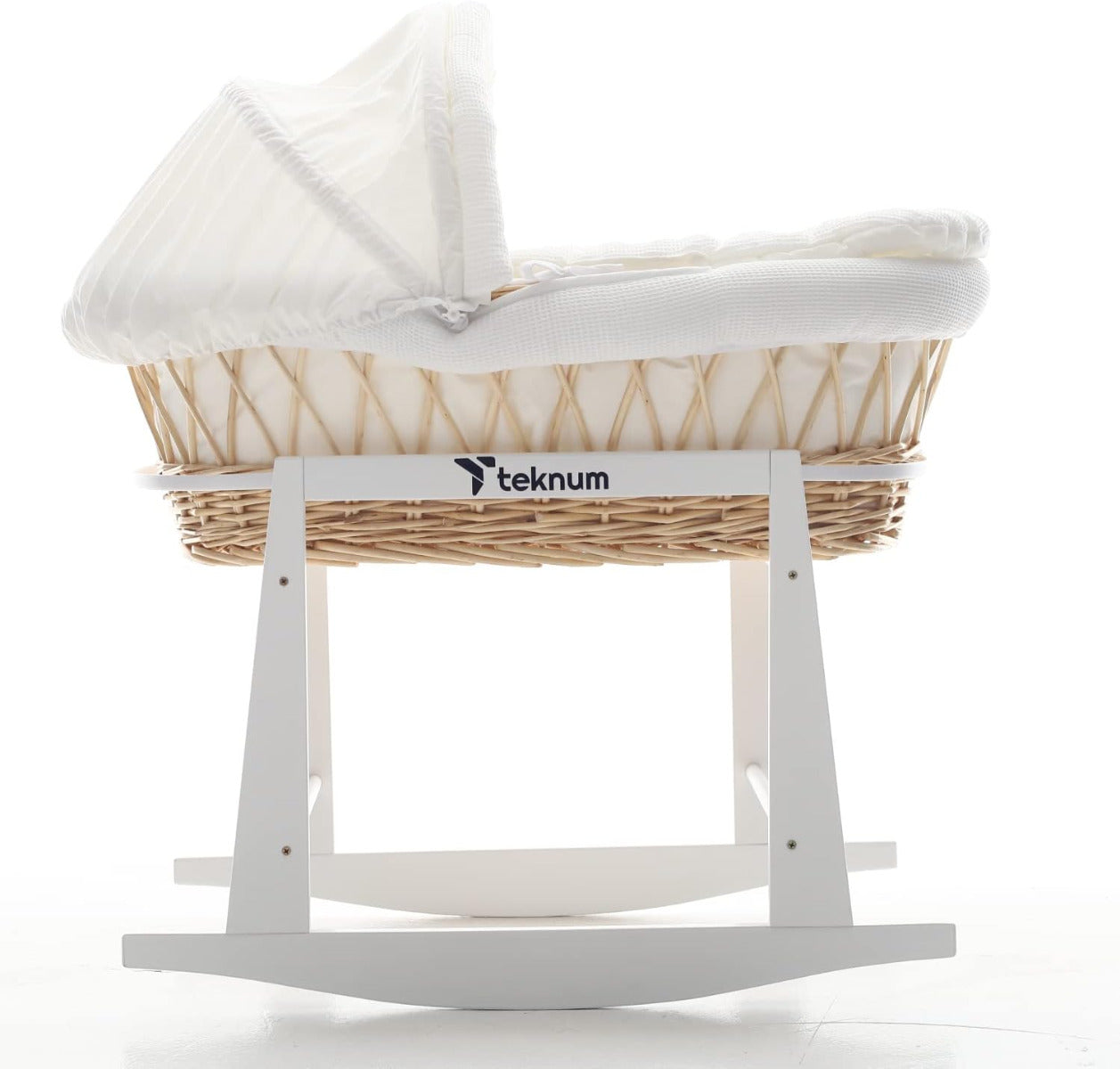 Teknum Infant Wicker Moses Basket with White Waffle Beddings & White Rocker Stand - Wooden Brown Teknum Yallatoys