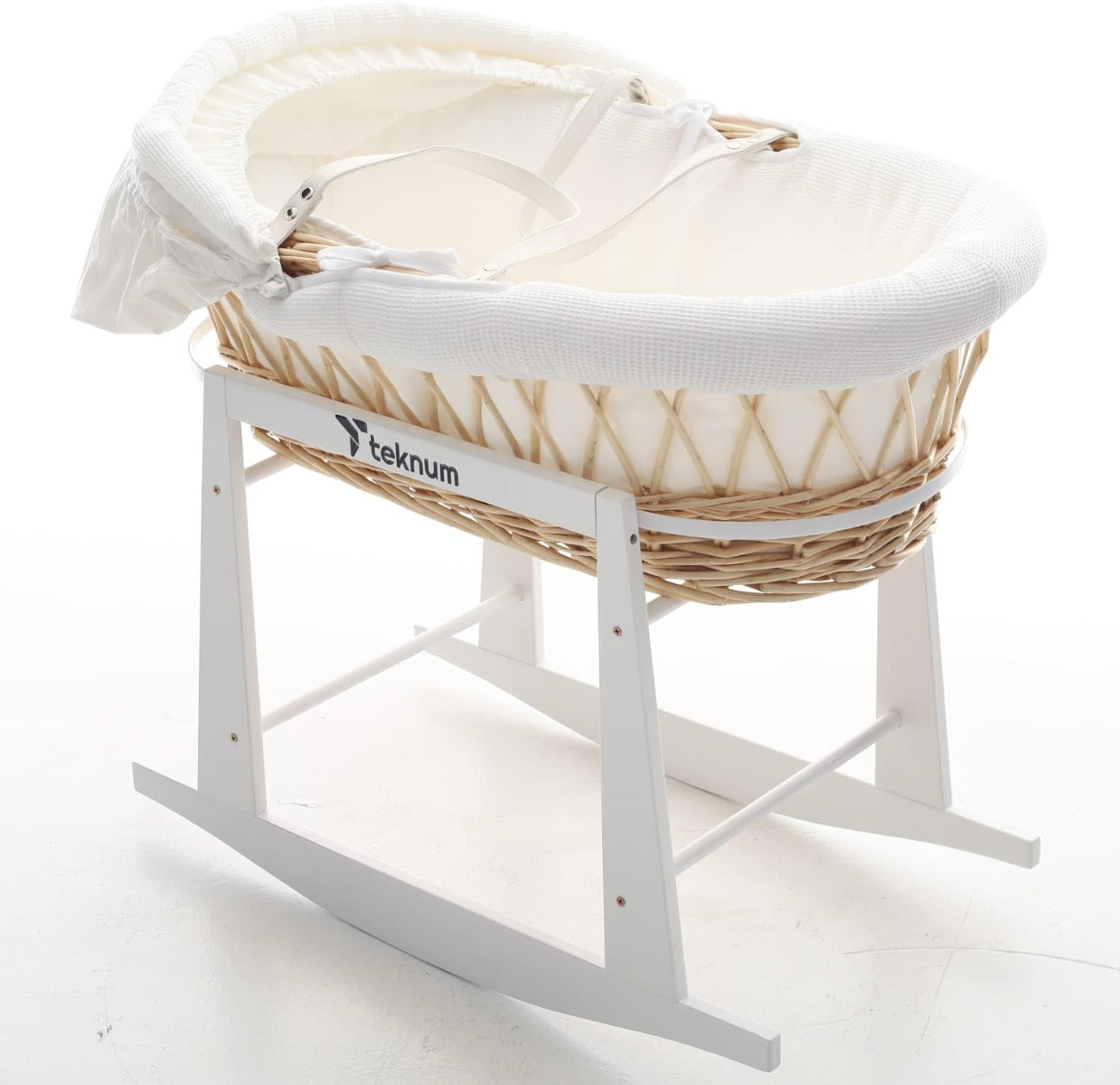Teknum Infant Wicker Moses Basket with White Waffle Beddings & White Rocker Stand - Wooden Brown Teknum Yallatoys