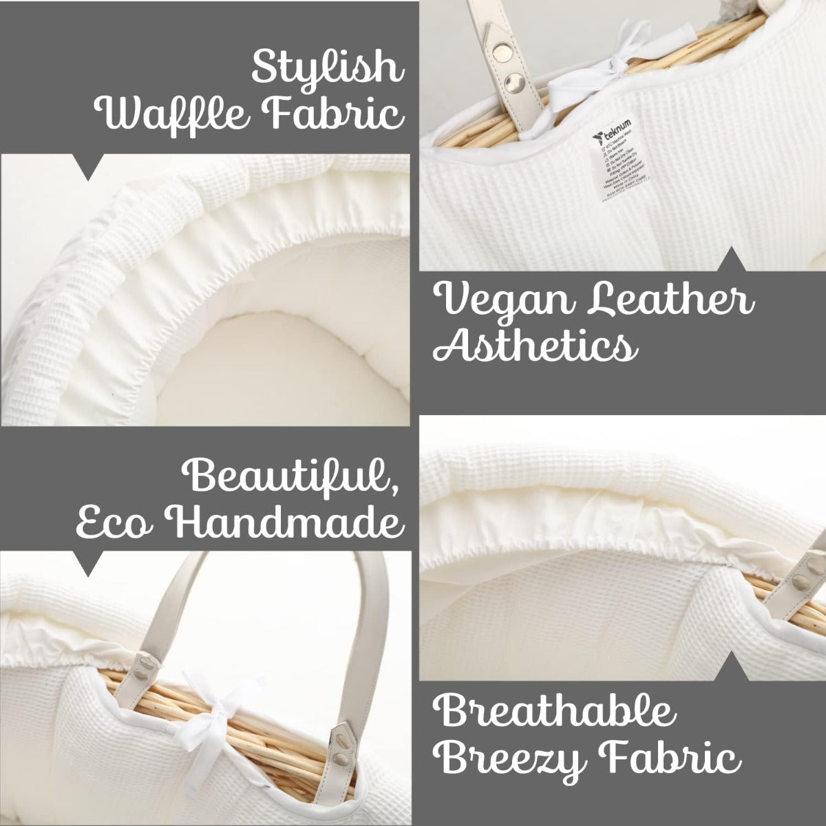 Teknum Infant Wicker Moses Basket with White Waffle Beddings & White Rocker Stand - Wooden Brown Teknum Yallatoys