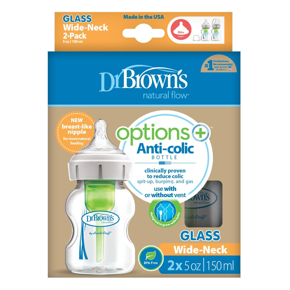 Dr Browns Natural Flow Anti Colic Wide-Neck Glass Baby Bottles 5 oz Pack of 2 Dr Browns