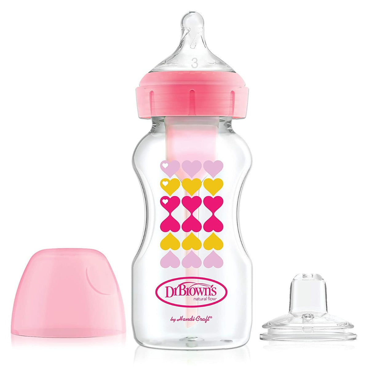 Dr.Browns 9 Oz/270 Ml Pp W N Options+ Pink Hearts Bottle W/ Sippy Spout +L3 Nipple In Bottle 1 Pack Dr Browns