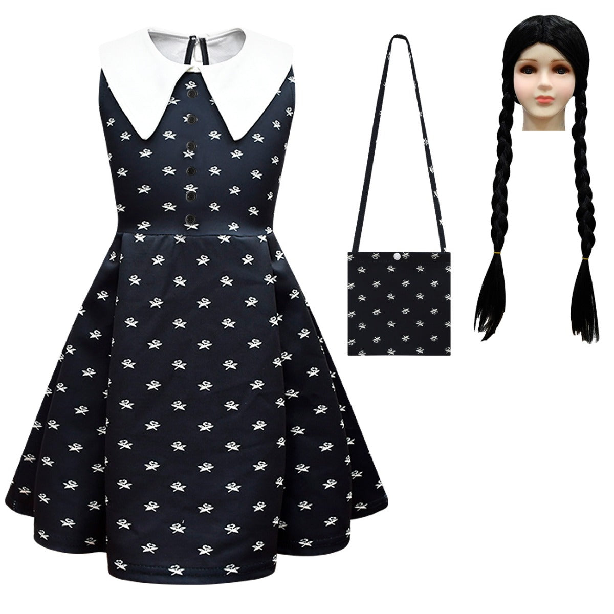 Wednesday Addams Costume Dress with Bag and Wig Kids Costumes Yallatoys