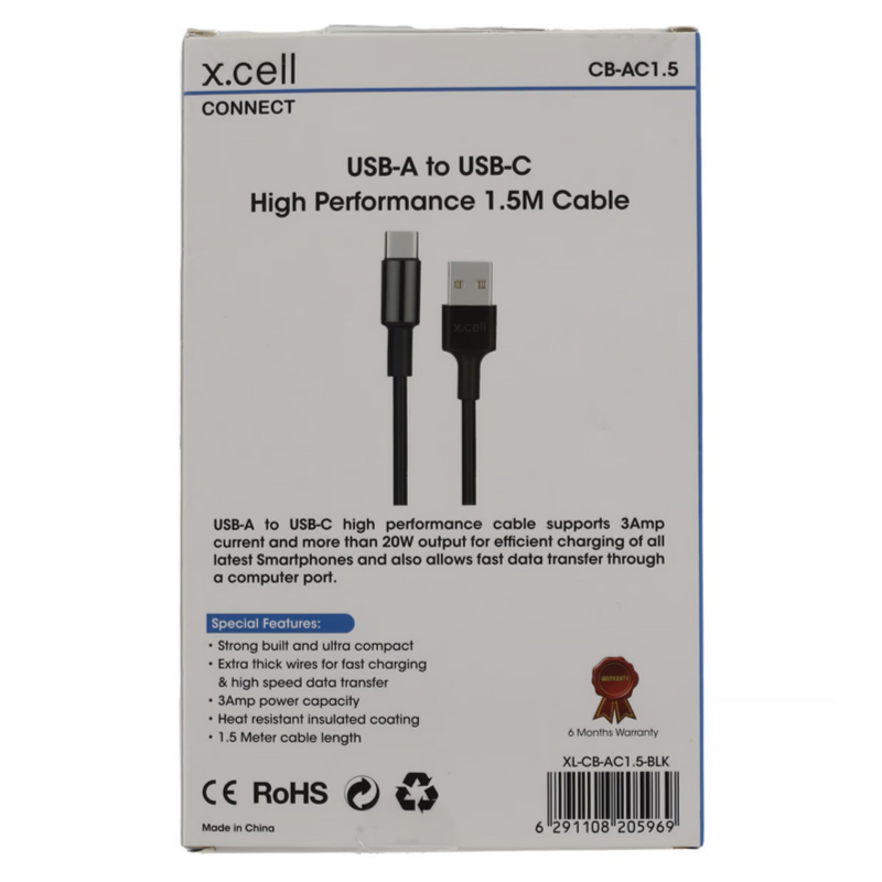 Buy X.Cell Cable USB A to USB C 1.5 Meter Black | Yallatoys.com