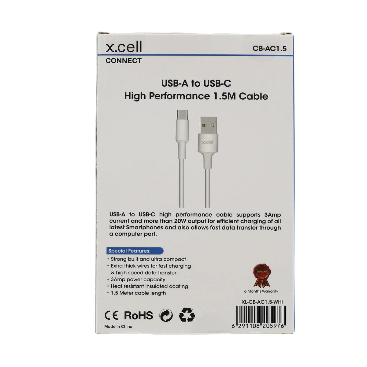 Buy X.Cell Cable USB A to USB C 1.5 Meter White | Yallatoys.com