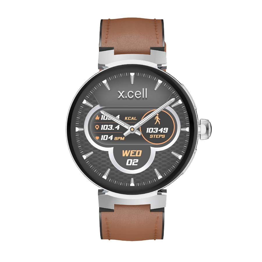 Buy Xcell Smartwatch Silver Frame Brown Leather Strap | Yallatoys.com