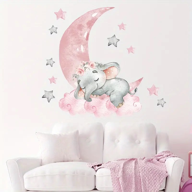 Creative Wall Sticker Elephant Sleeping On Moon Star Pattern Pink 1pc Yalla Gifting Yallatoys