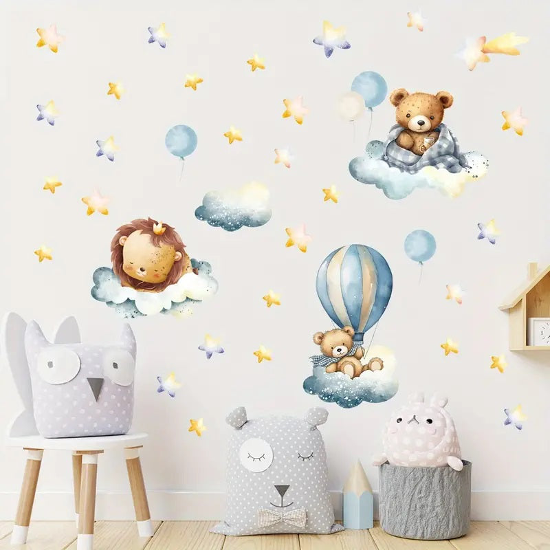 Creative Wall Sticker Cartoon Cute Bear Lion Hot Air Balloon Pattern 1pc Yalla Gifting Yallatoys