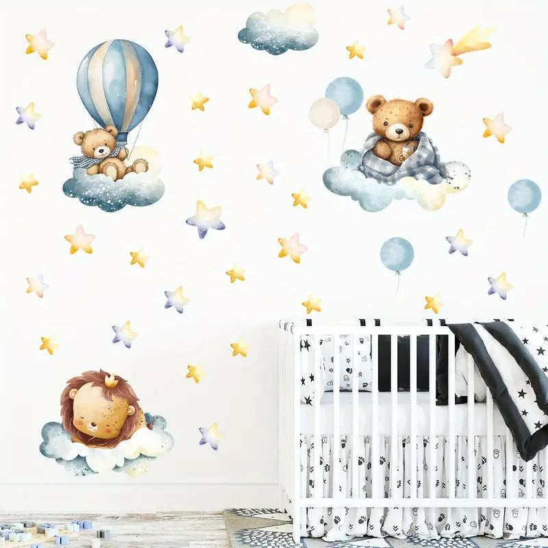 Creative Wall Sticker Cartoon Cute Bear Lion Hot Air Balloon Pattern 1pc Yalla Gifting Yallatoys