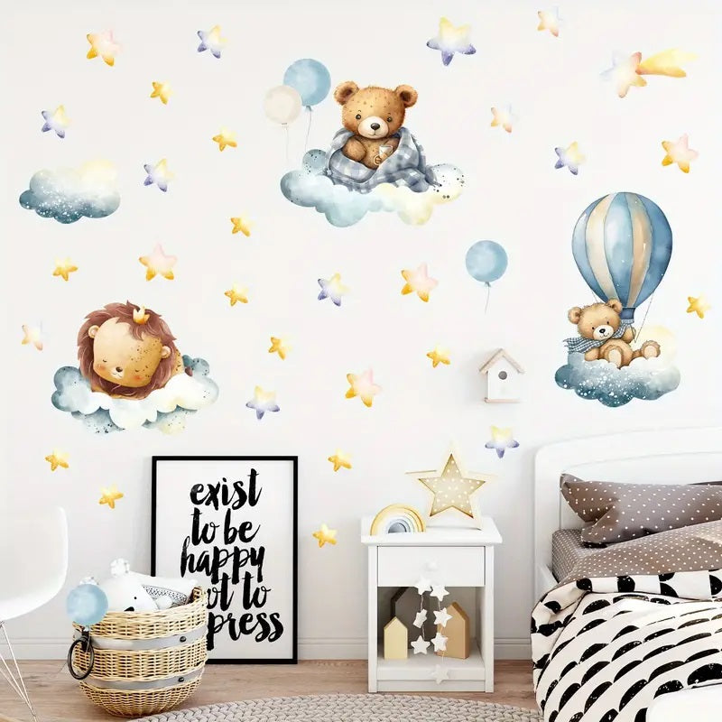 Creative Wall Sticker Cartoon Cute Bear Lion Hot Air Balloon Pattern 1pc Yalla Gifting Yallatoys