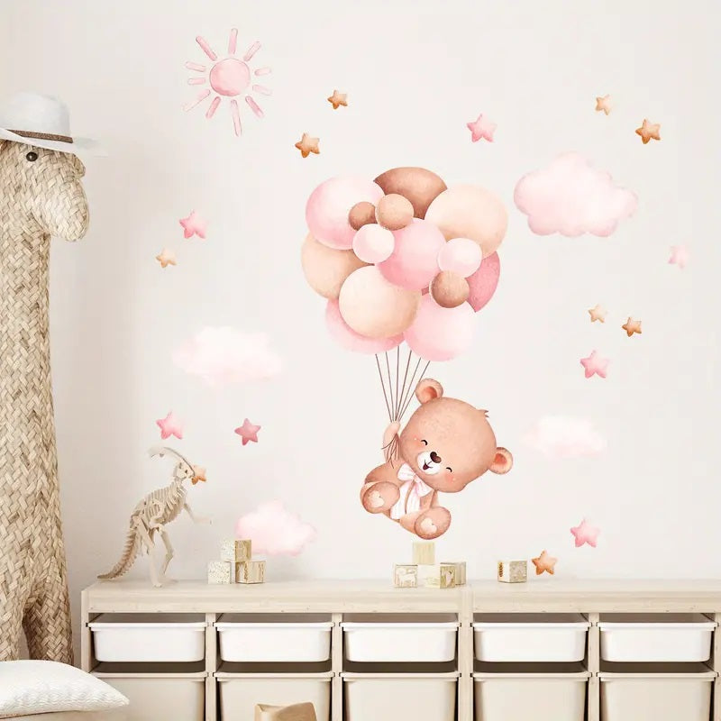 Creative Wall Sticker Cartoon Cute Bear Balloon Clouds Stars Pattern 1pc Yalla Gifting Yallatoys