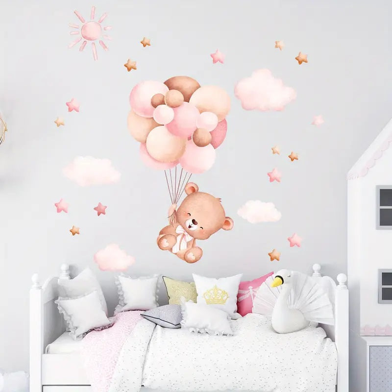 Creative Wall Sticker Cartoon Cute Bear Balloon Clouds Stars Pattern 1pc Yalla Gifting Yallatoys