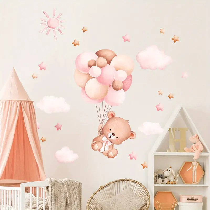 Creative Wall Sticker Cartoon Cute Bear Balloon Clouds Stars Pattern 1pc Yalla Gifting Yallatoys
