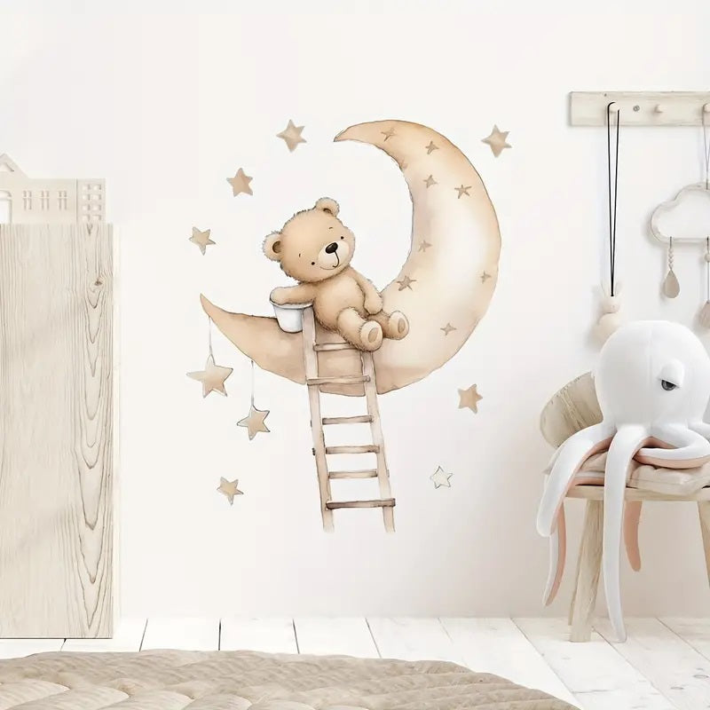 Creative Wall Sticker Cartoon Bear Climbing Stairs To Climb The Moon Pattern 1pc Yalla Gifting Yallatoys