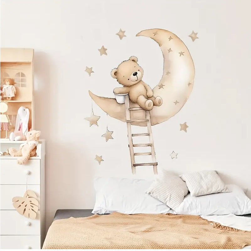 Creative Wall Sticker Cartoon Bear Climbing Stairs To Climb The Moon Pattern 1pc Yalla Gifting Yallatoys
