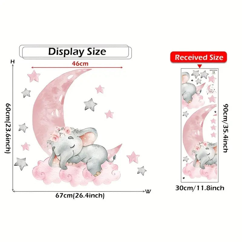 Creative Wall Sticker Elephant Sleeping On Moon Star Pattern Pink 1pc Yalla Gifting Yallatoys