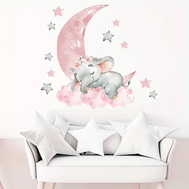 Creative Wall Sticker Elephant Sleeping On Moon Star Pattern Pink 1pc Yalla Gifting Yallatoys