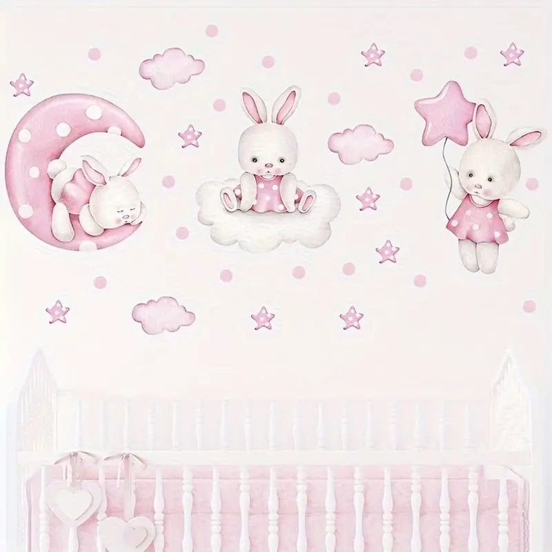 Creative Wall Sticker Cartoon Pink Moon Cloud Star Rabbit Pattern 1pc Yalla Gifting Yallatoys