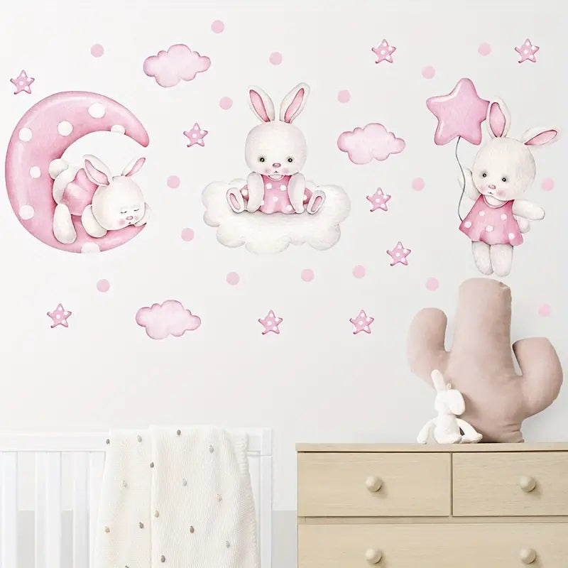 Creative Wall Sticker Cartoon Pink Moon Cloud Star Rabbit Pattern 1pc Yalla Gifting Yallatoys