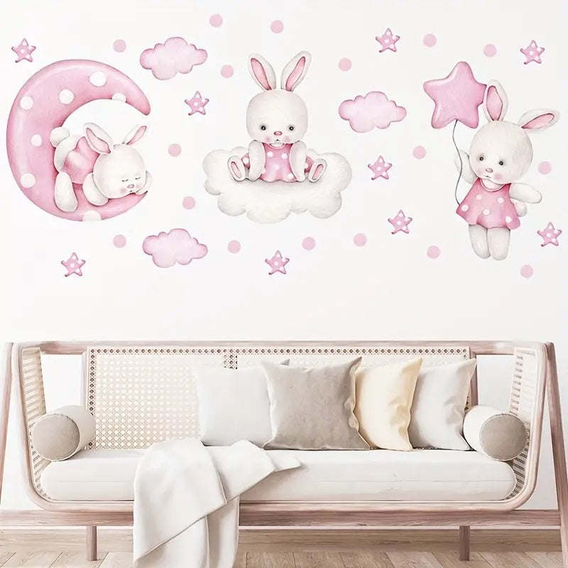 Creative Wall Sticker Cartoon Pink Moon Cloud Star Rabbit Pattern 1pc Yalla Gifting Yallatoys