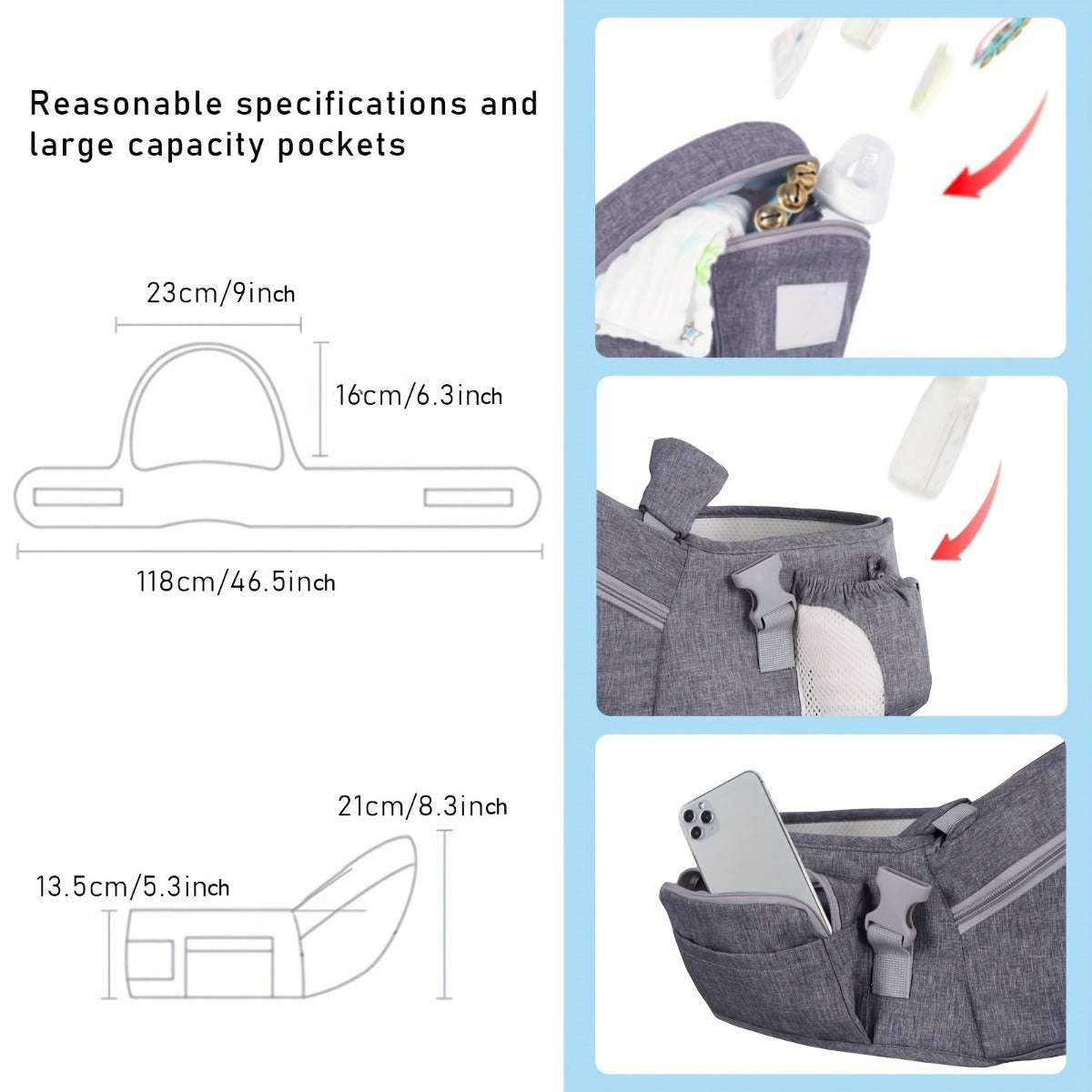 Ergonomic Grey Polyester Baby Hip Seat  Up t0 9 -18 kg
