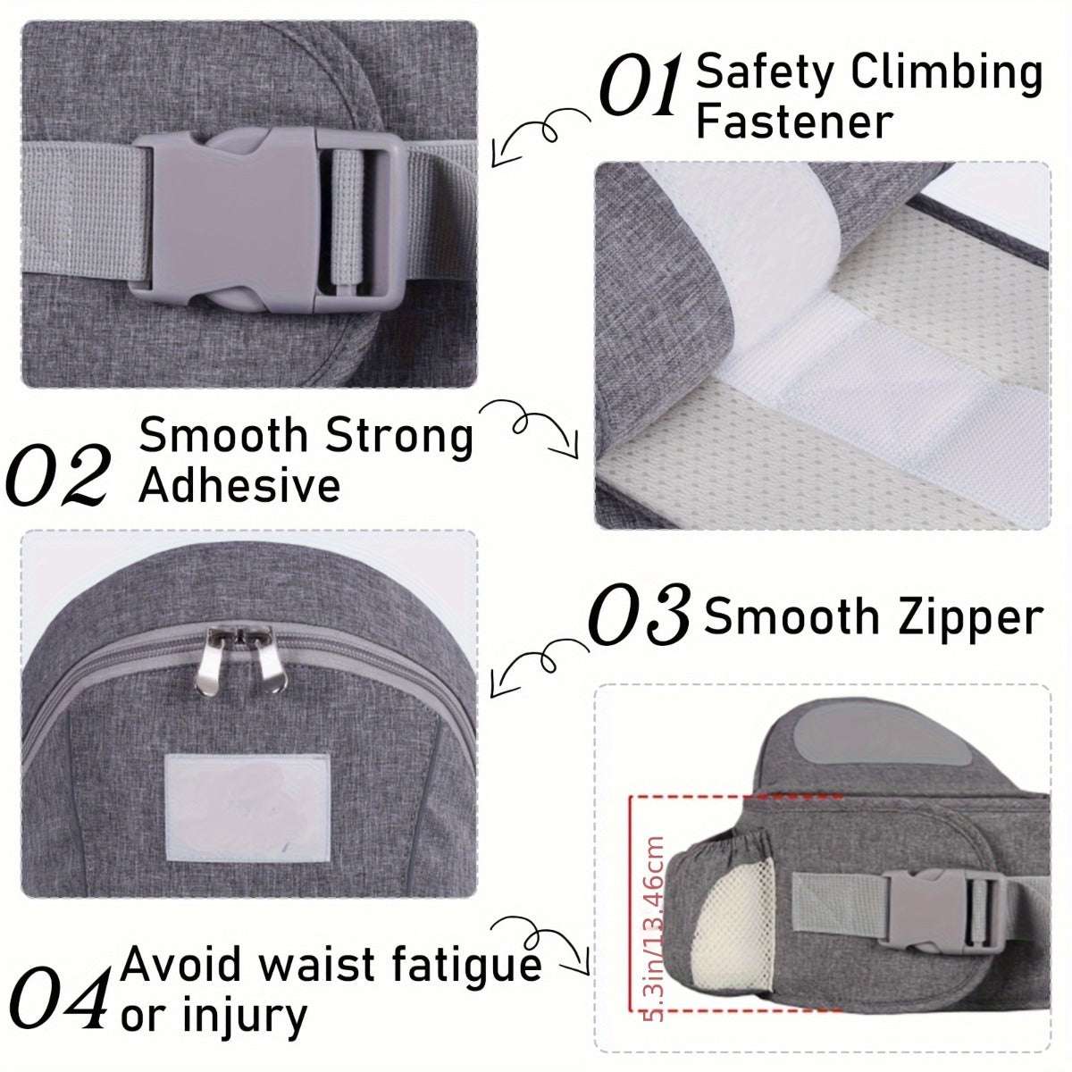 Ergonomic Grey Polyester Baby Hip Seat  Up t0 9 -18 kg
